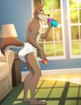  anthro blue_eyes bottle brooks canid canine canis carpet clothed clothing colt3n diaper hi_res inside lamp male mammal pacifier smile sofa solo standing topless window wolf 