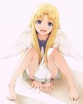  1girl :d asou_(asabu202) bangs bare_legs barefoot between_legs blonde_hair blue_neckwear bow bowtie commentary_request dress eyebrows_visible_through_hair feathered_wings firo_(tate_no_yuusha_no_nariagari) frilled_sleeves frills hand_between_legs highres long_hair long_sleeves looking_at_viewer open_mouth sitting smile solo tate_no_yuusha_no_nariagari very_long_hair white_dress white_wings wings 