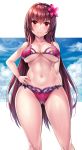  1girl alternate_costume arm_at_side ass ass_visible_through_thighs bangs bare_legs bare_shoulders beeyan bikini blush bracelet breasts cowboy_shot eyebrows_visible_through_hair fate/grand_order fate_(series) flower hair_flower hair_intakes hair_ornament hibiscus highres jewelry large_breasts long_hair looking_at_viewer navel pink_bikini purple_bikini purple_hair purple_sarong red_eyes sarong scathach_(fate)_(all) scathach_(swimsuit_assassin)_(fate) sweat swimsuit thighs underboob 