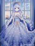 1girl bangs bare_shoulders blue_cloak blue_dress blue_hair blue_sky bow character_request cloak closed_mouth cloud commentary_request day dress eyebrows_visible_through_hair fur-trimmed_cloak fur-trimmed_dress fur_trim hair_between_eyes hair_bow hand_up indoors looking_at_viewer purple_eyes ringlets see-through sky solo strapless strapless_dress teikoku_senki watermark window yuuki_rika 