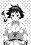  1girl belt black_belt breasts bruise bruise_on_face choker cleavage collarbone commentary_request dougi facing_viewer frown injury large_breasts makoto_(street_fighter) marimo_(yousei_ranbu) ribbon_choker short_hair solo sports_bra star starry_background street_fighter street_fighter_iii_(series) tomboy 