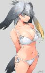  1girl arms_behind_back bra breasts cleavage closed_mouth cowboy_shot dated eyebrows_visible_through_hair eyes_visible_through_hair green_eyes grey_background happa_(cloverppd) head_wings kemono_friends large_breasts navel panties sanpaku shoebill_(kemono_friends) side-tie_panties silver_hair simple_background single_sidelock solo tail tsurime underwear underwear_only white_bra white_panties 