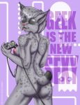  2016 anthro breasts butt controller dipstick_ears dipstick_tail ear_tuft eyewear felid feline female fur furafterdark game_controller holding_object looking_at_viewer looking_back lynx mammal multicolored_ears multicolored_tail nipples nude open_mouth portrait rear_view slightly_chubby solo spots spotted_fur style_wager sunglasses text three-quarter_portrait tina_lynx tuft 
