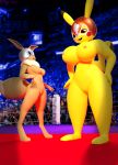  2019 3d_(artwork) anthro anthrofied audience breast_expansion breasts cosplay_pikachu crowd digital_media_(artwork) eevee group growth hi_res macro micro nintendo pikachu pikachu_libre pok&eacute;mon pok&eacute;mon_(species) pussy rareraven smile surprise video_games watermark wrestling 