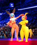  2019 3d_(artwork) anthro anthrofied audience breasts cosplay_pikachu crossed_arms crowd digital_media_(artwork) duo_focus eevee female female_focus group hi_res human mammal mostly_nude nintendo nipples pikachu pikachu_libre pok&eacute;mon pok&eacute;mon_(species) pussy rareraven video_games watermark wrestling 