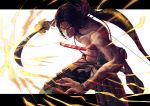  1boy absurdres armor ashina_genichirou bashikou black_hair bow_(weapon) corruption crazy_eyes fighting_stance hakama highres japanese_armor japanese_clothes katana letterboxed lightning male_focus messy_hair muscle outside_border red_eyes scabbard scar sekiro:_shadows_die_twice sheath shirtless solo spoilers sword weapon weapon_on_back 