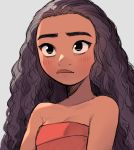  1girl arms_at_sides bare_arms bare_shoulders black_eyes breasts brown_hair cleavage closed_mouth curly_hair dark_skin disney expressionless eyelashes grey_background long_hair looking_away medium_breasts moana_(movie) moana_waialiki pano_(mohayayamai) shaded_face simple_background solo strapless thick_eyebrows upper_body 