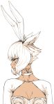  1girl absurdres animal_ears blush breasts bunny_ears cat_ears choker cleavage cleavage_cutout dark_skin facial_mark fake_animal_ears final_fantasy final_fantasy_xiv haimerejzero highres looking_to_the_side medium_breasts miqo&#039;te parted_lips short_hair solo tattoo upper_body white_background white_hair y&#039;shtola_rhul 