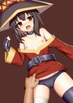  1girl bandaged_leg bandages bare_shoulders belt black_collar black_gloves black_hair black_legwear blush breasts cape collar collarbone commentary_request dress fingerless_gloves gloves hat kono_subarashii_sekai_ni_shukufuku_wo! long_sleeves looking_at_viewer megumin nipples off_shoulder open_mouth panties red_dress red_eyes short_hair single_thighhigh small_breasts solo_focus thighhighs toshishikisai underwear upper_teeth witch_hat 