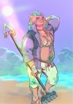 absurd_res beach blue_hair bottomwear clothed clothing fur gouryou hair handwraps heylaw21 hi_res male mammal open_shirt seaside solo suid suina sun sus_(pig) tokyo_afterschool_summoners topwear video_games wild_boar 