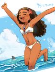  1girl :d ^_^ animal armpits arms_up bare_legs barefoot bikini blue_sky breasts brown_hair cleavage closed_eyes closed_mouth cloud cloudy_sky contemporary curly_hair dark_skin dated day disney dutch_angle flower hair_flower hair_ornament hibiscus jewelry long_hair medium_breasts moana_(movie) moana_waialiki navel necklace open_mouth outdoors outstretched_arms pano_(mohayayamai) partially_submerged red_flower shark shark_fin sky smile solo standing standing_on_one_leg stomach submerged swimsuit teeth thick_eyebrows translation_request water white_bikini white_swimsuit 