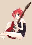  1girl absurdres antenna_hair bad_id bad_pixiv_id bare_legs bare_shoulders barefoot blue_eyes guitar hair_between_eyes highres idolmaster idolmaster_million_live! instrument julia_(idolmaster) looking_at_viewer looking_to_the_side nail_polish nitta_hiroto no_pants panties plectrum red_hair short_hair simple_background sitting solo underwear 