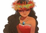  1girl arms_at_sides bare_shoulders brown_hair closed_eyes curly_hair dark_skin disney eyelashes flower head_wreath jewelry light_smile long_hair moana_(movie) moana_waialiki necklace pano_(mohayayamai) red_flower shaded_face simple_background sleeveless solo upper_body white_background 