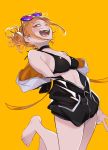  1girl bangs bikini black_bikini black_swimsuit blonde_hair blood blood_on_face blunt_bangs blush boku_no_hero_academia breasts double_bun fangs hair_bun highres jacket jewelry long_hair looking_at_viewer messy_hair nanaminn simple_background smile solo swimsuit teeth toga_himiko yandere_trance yellow_eyes 