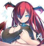  1boy 1girl bangs bat_wings blue_eyes blush breasts cat_cutout cat_lingerie censored demon_girl glowing glowing_eye hair_over_one_eye head_wings highres large_breasts long_hair meme_attire mosaic_censoring original paizuri penis pointy_ears red_hair shiki_(psychedelic_g2) smile solo_focus succubus wings 