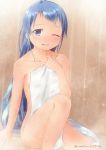  1girl artist_name bangs blue_eyes blue_hair collarbone commentary_request covering covering_breasts holding holding_towel kantai_collection leg_up long_hair mae_(maesanpicture) nude_cover one_eye_closed samidare_(kantai_collection) sauna shiny shiny_hair sitting solo steam swept_bangs towel very_long_hair 