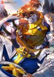  2019 anthro armor blood booboo34 braided_hair brown_eyes bruised bulge canid canine canis cartuja clenched_teeth clothing countershade_arms countershade_face countershading damaged_armor detailed_background epic7 eyebrows eyewear goggles hair hi_res kemono looking_at_viewer male mammal muscular muscular_male orange_eyes ponytail scar sneer solo teeth torn_clothing vein white_countershading 