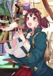  1girl :d ahoge anger_vein atelier_(series) atelier_sophie backpack bag blue_jacket blurry blurry_background blush book brown_eyes brown_hair cauldron commentary_request depth_of_field fang feathered_wings hair_ornament head_scarf indoors jacket long_sleeves open_clothes open_jacket open_mouth pleated_skirt red_skirt ryuuno6 shirt skirt smile smoke solo sophie_neuenmuller steepled_fingers sweat trembling white_shirt white_wings wide_sleeves wings 