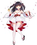  1girl allenes alternate_costume animal_ears azur_lane bare_shoulders black_hair blush breasts cat_ears cat_tail cleavage collarbone eyebrows_visible_through_hair hair_ornament hair_ribbon holding japanese_clothes long_hair looking_at_viewer official_art ribbon sandals solo tail transparent_background two_side_up white_legwear yellow_eyes yuugure_(azur_lane) 