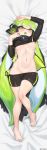  1girl arms_up artist_name barefoot bike_shorts breasts breasts_apart cameltoe dakimakura fangs feet green_hair headphones highres inkling jacket jtveemo long_hair looking_at_viewer lying navel nipples no_bra on_back one_breast_out open_clothes open_jacket open_mouth shirt_lift solo splatoon_(series) splatoon_2 squidbeak_splatoon stomach thigh_gap toes toned very_long_hair 