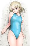  1girl aqua_swimsuit blonde_hair breasts cameltoe collarbone commentary_request competition_swimsuit cowboy_shot looking_at_viewer lying one-piece_swimsuit original plus_step red_eyes short_hair small_breasts solo swimsuit tile_floor tiles 