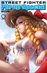  1girl 2019 antenna_hair bikini blonde_hair breasts cleavage commentary cover cover_page day english_commentary eyewear_removed hat hat_ribbon joanna_ladowska kanzuki_karin lips long_hair looking_at_viewer medium_breasts navel nose reclining ribbon ringlets side-tie_bikini sitting solo street_fighter street_fighter_v sun_hat sunglasses swimsuit udon_entertainment white_bikini yellow_eyes 