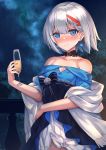  1girl admiral_graf_spee_(azur_lane) alcohol ashisi azur_lane balcony bangs blue_dress blue_eyes blunt_bangs blush bow breasts cleavage cleavage_cutout collarbone cowboy_shot cup detached_collar dress drinking_glass earrings eyebrows_visible_through_hair glass hand_on_hip highres holding holding_cup jewelry layered_dress looking_at_viewer milky_way multicolored_hair nose_blush off_shoulder red_hair shawl short_hair sidelocks silver_hair sky small_breasts smile solo star_(sky) starry_sky streaked_hair tree white_dress wine wine_glass 