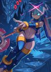  1girl android blue_eyes bodysuit boots breasts bubble commentary_request covered_navel glowing glowing_eyes helmet highres holding holding_weapon ice ice_dragon leviathan_(rockman) polearm red_eyes rockman rockman_zero small_breasts smile solo tesshii_(riza4828) thigh_boots thighhighs underwater weapon 