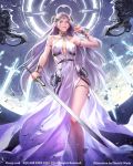  armlet artist_name bare_shoulders bracelet center_opening copyright dress energy_sword forehead_jewel halo jewelry mobius_final_fantasy moon shuichi_wada side_slit silver_eyes sword thigh_strap weapon white_dress white_hair 