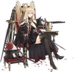  1girl aiguillette alternate_costume azur_lane bangs bismarck_(azur_lane) black_dress black_footwear black_gloves black_legwear blonde_hair blue_eyes bottle bouquet breasts cannon chair cleavage cross cross_earrings crossed_legs cup dress earrings elbow_gloves elbow_rest epaulettes flower full_body gloves gold hair_between_eyes hao_(patinnko) high_heels holding_scepter iron_cross jewelry large_breasts logo long_hair looking_at_viewer medal medallion multiple_swords official_art red_flower red_rose rose scepter sidelocks single_sleeve sitting sleeve_cuffs smile solo sword table thighhighs transparent_background turret weapon 