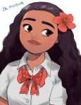  1girl arms_at_sides black_hair brown_eyes buttons character_name contemporary curly_hair dark_skin disney dress_shirt eyelashes flower hair_flower hair_ornament head_tilt hibiscus long_hair looking_away moana_(movie) moana_waialiki neck_ribbon pano_(mohayayamai) partially_unbuttoned red_flower red_ribbon ribbon school_uniform shirt short_sleeves simple_background smile solo text_focus thick_eyebrows unbuttoned upper_body white_background white_shirt 