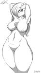  2019 areola beauty_mark big_breasts black_and_white breasts eyewear female fringe gardevoir glasses hair hi_res inverted_nipples jeffthehusky long_hair looking_at_viewer mature_female monochrome nintendo nipples pok&eacute;mon pok&eacute;mon_(species) pussy raised_arm standing thick_thighs video_games wide_hips 