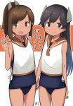  2girls artist_logo black_hair blue_swimsuit blush_stickers brown_eyes brown_hair character_name cowboy_shot hair_ornament hairclip headgear highres holding_hands i-400_(kantai_collection) i-401_(kantai_collection) kantai_collection long_hair ma_rukan multiple_girls no_nose one-piece_swimsuit one-piece_tan orange_sailor_collar ponytail sailor_collar school_swimsuit shirt short_hair short_ponytail sleeveless sleeveless_shirt standing swimsuit swimsuit_under_clothes tan tanline 