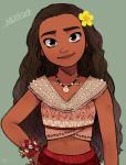  1girl arm_at_side bracelet breasts brown_eyes brown_hair character_name collarbone collared_shirt curly_hair dark_skin disney flower grey_background hair_flower hair_ornament hand_on_hip jewelry long_hair looking_at_viewer medium_breasts midriff moana_(movie) moana_waialiki necklace pano_(mohayayamai) shell shell_necklace shirt simple_background skirt sleeveless smile solo text_focus thick_eyebrows upper_body yellow_flower 