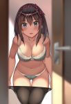  1girl ass_visible_through_thighs bangs bare_shoulders black_legwear blue_eyes blurry blush bra breasts brown_hair cleavage collarbone commentary_request depth_of_field eyebrows_visible_through_hair grey_bra grey_panties hairband kureha_(ironika) large_breasts leaning_forward looking_at_viewer medium_hair navel open_door original panties pantyhose parted_lips polka_dot_hairband purple_hairband solo stomach thigh_gap tsubasa_(kureha) underwear undressing 