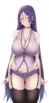  1girl alternate_costume arms_at_sides ass_visible_through_thighs bare_shoulders black_legwear blue_shorts blush bra_strap breasts bright_pupils cleavage closed_mouth commentary_request condom_wrapper cowboy_shot earrings fate/grand_order fate_(series) garter_straps heart highres jewelry large_breasts long_hair looking_at_viewer micro_shorts minamoto_no_raikou_(fate/grand_order) motion_lines necklace nikuku_(kazedesune) pubic_tattoo purple_eyes purple_hair purple_vest ring shorts simple_background skindentation solo straight_hair tattoo thigh_gap thighhighs thong trembling very_long_hair vest white_background 