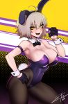  1girl :d ahoge animal_ears armband bare_shoulders black_legwear blush bow bowtie breasts bunny_ears bunny_girl bunny_tail bunnysuit cleavage contrapposto covered_navel cowboy_shot dated detached_collar eyebrows_visible_through_hair fake_animal_ears fate/grand_order fate_(series) gloves hair_between_eyes hairband half_gloves halftone halftone_background hand_on_hip highres j.k. jeanne_d&#039;arc_(alter)_(fate) jeanne_d&#039;arc_(fate)_(all) large_breasts leotard light_brown_hair open_mouth pantyhose purple_gloves short_hair smile solo sweatdrop tail wrist_cuffs yellow_eyes 