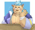  2019 anthro blush brown_fur clothing fur gouryou humanoid_hands male mammal moobs msk_hsm overweight overweight_male robe solo suid suina sus_(pig) tokyo_afterschool_summoners video_games wild_boar 