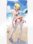 1girl ahoge anklet arched_back artoria_pendragon_(all) ass beach bikini breasts contrapposto cosplay fate/grand_order fate_(series) from_behind green_eyes hair_bun hair_ribbon halterneck head_tilt highres jewelry korean_commentary looking_back nero_claudius_(fate)_(all) nero_claudius_(swimsuit_caster)_(fate) nero_claudius_(swimsuit_caster)_(fate)_(cosplay) outdoors oz_(gerbera7) ribbon saber sandals short_hair side-tie_bikini small_breasts solo standing striped striped_bikini swimsuit 