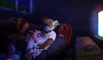  ambiguous_gender clothing crownedvictory cuddling domestic_ferret eyes_closed hi_res illuminated invalid_tag lagomorph leporid male male/male mammal mustela mustelid musteline night rabbit shaded sleeping tagme television underwear window 