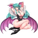  1girl ankle_boots arms_behind_head arms_up bangs black_footwear black_leotard boots breasts cleavage collarbone commentary_request demon_girl elbow_gloves full_body gloves green_hair head_wings heart heart_cutout high_heel_boots high_heels large_breasts leotard long_hair low_wings morrigan_aensland open_mouth shiny shiny_clothes shiny_hair shiny_skin shu-mai simple_background sitting solo succubus vampire_(game) white_background wings yellow_eyes 