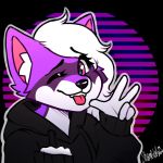  1:1 ambiguous_gender canid canine clothed clothing fox fur hair hybrid mammal neve_(naneve) pink_eyes procyonid purple_fur raccoon shambletime solo tagme teeth tongue tongue_out white_hair wings 