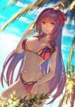  1girl arm_up bikini breasts bush cleavage cloud cloudy_sky collarbone commentary_request day fate/grand_order fate_(series) flower hair_flower hair_intakes hair_ornament hibiscus highres itaco1987 large_breasts looking_at_viewer navel ocean open_mouth outdoors palm_tree pink_bikini purple_bikini purple_hair red_eyes scathach_(fate)_(all) scathach_(swimsuit_assassin)_(fate) sky swimsuit tree 