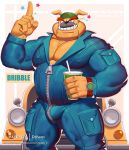  2019 anthro bulge canid canine car clothed clothing dribble_(warioware) dsharp_k front_view jumpsuit looking_at_viewer male mammal muscular muscular_male nintendo sharp_teeth simple_background smile solo teeth vehicle video_games warioware white_background 