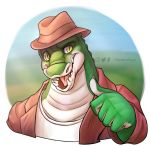  alligator alligatorid anthro claws clothed clothing cregon crocodile crocodilian crocodylid fedora fully_clothed gesture hat headgear headwear looking_at_veiwer male masterdaye open_maw reptile scalie teeth thumbs_up 