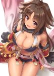  1girl :d ahoge bangs bare_shoulders black_shorts blush breasts brown_hair cleavage dargo fang fur_collar fur_trim jewelry kyan_kaori large_breasts long_hair looking_at_viewer midriff navel open_mouth parted_bangs paws princess_connect! princess_connect!_re:dive red_eyes short_shorts shorts sitting smile solo stomach thighs white_background 