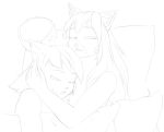  2019 android anonymous_artist anthro ara bed clothing cuddling digital_media_(artwork) domestic_cat eyes_closed felid feline felis female female/female fur hair hat headgear headwear holding_head hug machine mammal monochrome on_bed open_mouth robot sketch sleeping smile under_covers vikna 