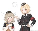  &gt;_&lt; 2girls blonde_hair blush brown_hair cheek_pinching chocolint closed_eyes commentary_request file girls_frontline hat korean_commentary military military_hat military_uniform mp40_(girls_frontline) mp41_(girls_frontline) multiple_girls necktie pinching uniform wehrmacht 