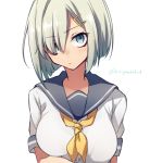  1girl bangs blue_eyes blush breasts closed_mouth eyebrows_visible_through_hair eyelashes hair_ornament hair_over_one_eye hairclip hamakaze_(kantai_collection) highres kantai_collection large_breasts neckerchief sailor_collar school_uniform serafuku short_hair short_sleeves silver_hair simple_background solo sumoffu twitter_username upper_body white_background yellow_neckwear 