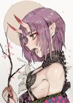  1girl bare_shoulders blush bob_cut breasts fangs fate/grand_order fate_(series) from_side highres hiranko holding_branch japanese_clothes kimono makeup oni oni_horns open_clothes open_kimono open_mouth portrait purple_eyes purple_hair purple_kimono revealing_clothes short_hair shuten_douji_(fate/grand_order) sideboob sketch small_breasts solo upper_body 